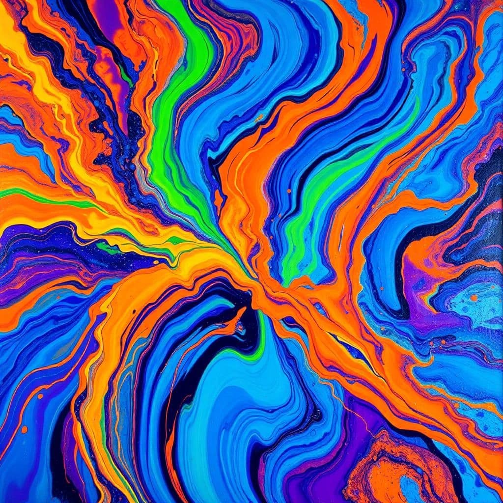 A mesmerizing explosion of swirling colors and bold textures, creating a hypnotic dance of motion and chaos. Vivid blues and fiery oranges crash against each other like waves, while streaks of neon green and deep violet seem to twist and dissolve into the canvas. The paint appears to be in motion, as though the entire piece is breathing and shifting with each passing second. Shapes emerge and fade—a fleeting glimpse of a human face, the suggestion of a distant cityscape, a swirl that resembles a cosmic galaxy—before blending seamlessly back into the abstract form.