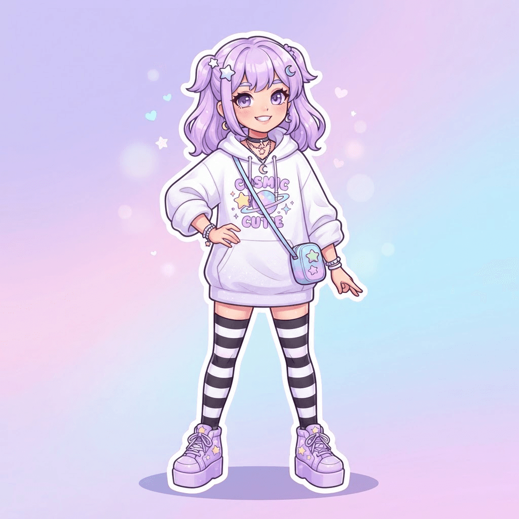 full body original character, cute anime sticker style, pastel lilac hair, oversized hoodie and striped socks, confident standing pose, clean soft gradient studio background, vibrant, crisp high detail, digital illustration