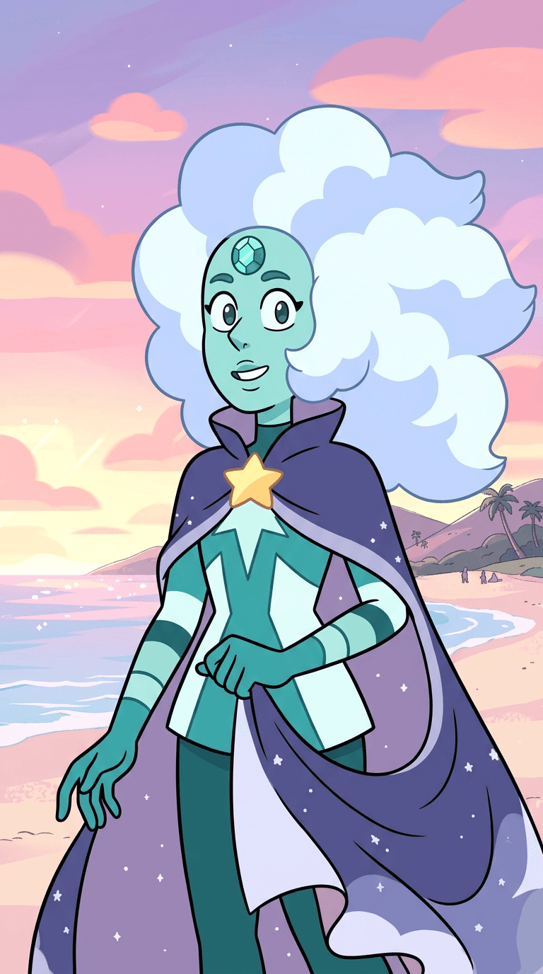 Original gem character in the Steven Universe art style: a tall teal gemsona with a diamond-cut gem on her forehead, flowing cloud-like hair and a star cape, soft flat colours, simple rounded shapes, pastel beach sunset with pink clouds. Portrait framing from the waist up, face in the upper third of the frame, one character only. No text, no logo, no watermark.