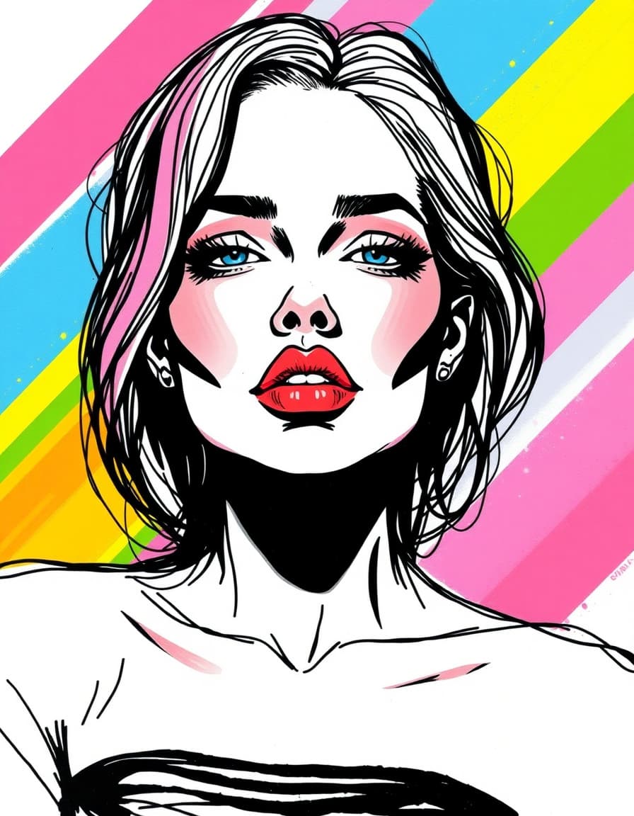 Vibrant sketch, bold black ink outlines, lines, vibrant inkcolor, fusion, gradient wattercolor, brilliant color, fashion illustration, bold colorw, popart colors, rainbow colors, chromatic aberation, perfect proportions,