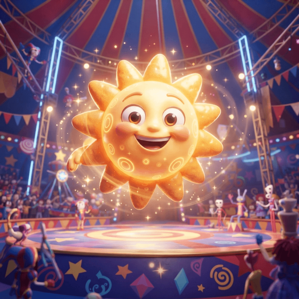 Sun from The Amazing Digital Circus, smiling sun character with a friendly expressive face, warm golden glow, dynamic playful action pose under the big top, glossy 3D circus style, polished expressive 3D animation, bright colorful Amazing Digital Circus environment, no text, no logo, no watermark