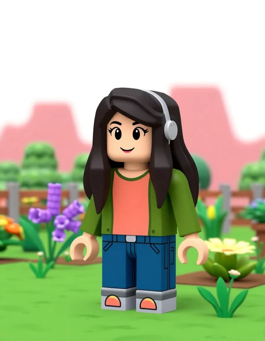 Roblox character or Grow a Garden environment. Use voxel art and pixelated textures, keeping the elements blocky and low-resolutions. The Avatar woman Roblox  character   should be made of square blocks with a  flat color palette, resembling Roblox NPC or Avatars, Add a Roblox-style landscape behind.
