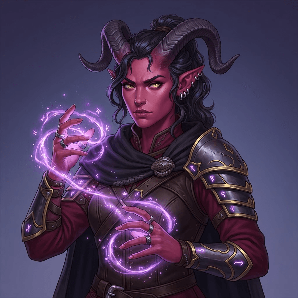 a tiefling warlock with curved horns and glowing violet arcane energy swirling around her hands, tabletop fantasy character portrait, clean soft gradient studio background, vibrant, crisp high detail, digital painting