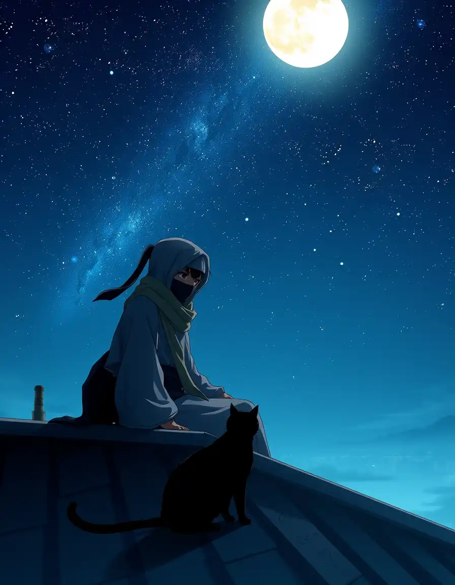cinematic anime night sky scene, vertical 9:16 wallpaper, a silent ninja sitting on a rooftop under a starry sky, a black cat sitting beside him, glowing moon above, soft wind moving his clothes and scarf, peaceful mysterious atmosphere, ultra detailed anime style, cinematic lighting, 4k wallpaper