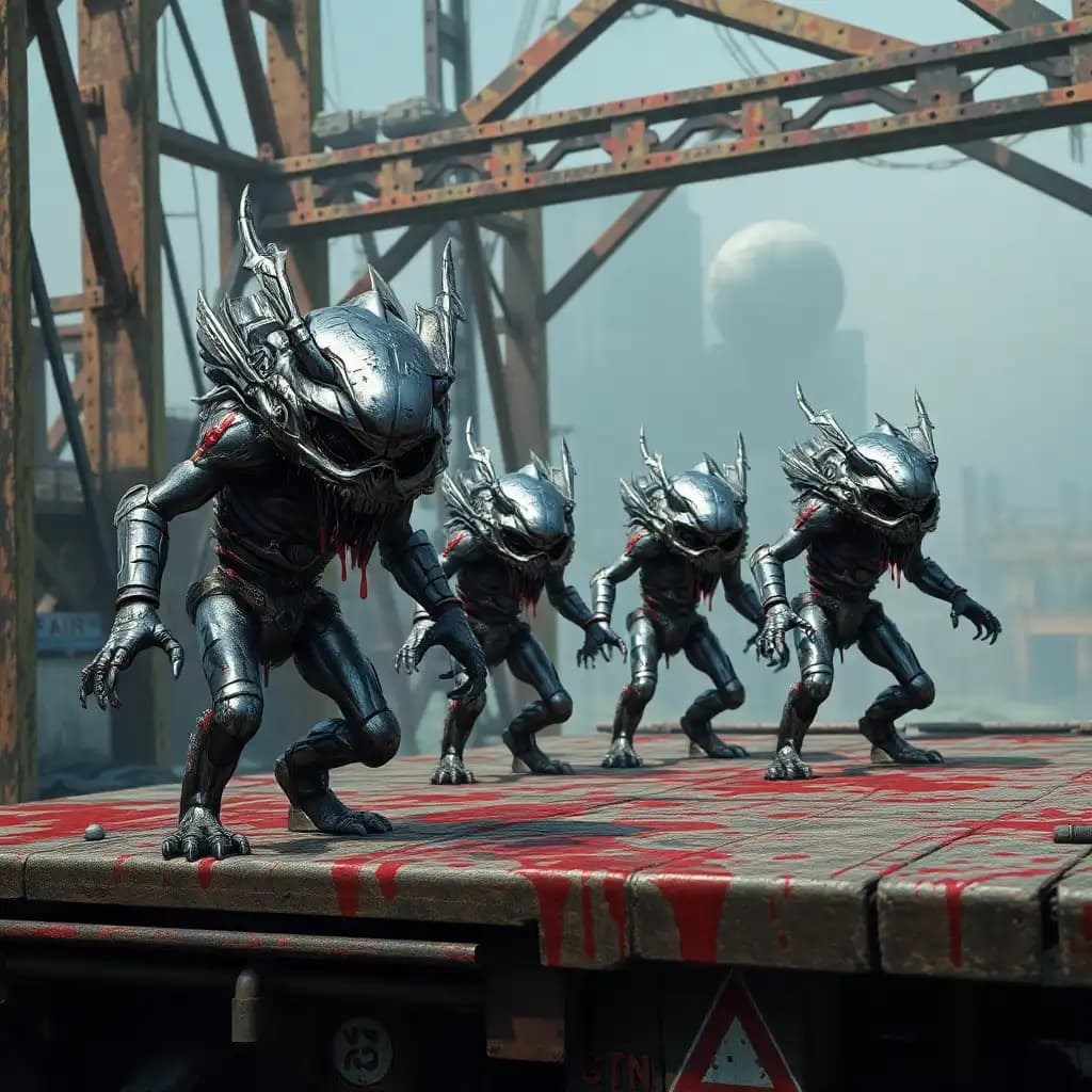 New unique metallic and bloody enemies on a abandoned metallic structure background for a videogame design