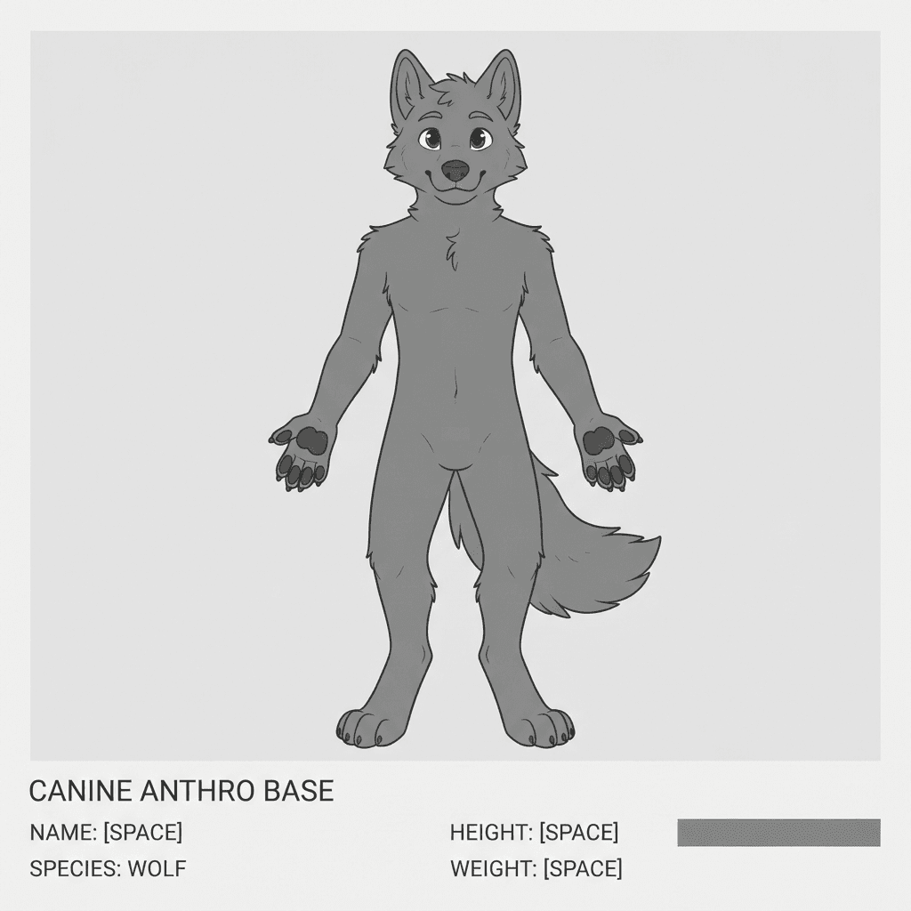 a clean anthro fursona base pose with flat unmarked fur, simple lines, drawing base style, different color scheme