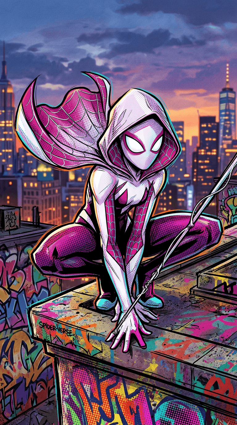 Original spidersona in the Spider-Verse animated film style: a girl hero in a white and magenta spider suit with a ballet-style hood and web cape, crouched ready to swing, comic halftone dots, offset colour lines, bold ink, graffiti rooftop at dusk. Portrait framing from the waist up, face in the upper third of the frame, one character only. No text, no logo, no watermark.