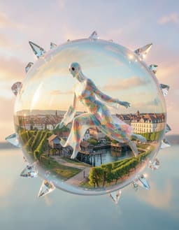 a towering translucent figure with elongated vertical silhouette, recumbent lower limbs and upright torso, its surface a fragmented mosaic of variegated colors and hollow void eyes, draped in flowing spectral robes, glides within a crystal‑glass sphere that mirrors the city of bordeaux, its vineyards and the stilt houses of the arcachon basin, all set against a pastel sky. the sphere is encircled by shards of blown glass, bathed in a honey‑faded blue palette with soft amber reflections, subtle halos, muted glow and long shadows, creating a hushed, introspective atmosphere. the figure is hovering, captured from a three‑quarter view low angle.