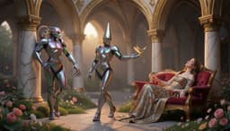 Iridescent Sentinel sanatix, Iridescent Sentinel and Allegorical Reclining Woman together. in an enchanted courtyard of gilded arches, iridescent sentinel sanatix strides forward, armor catching a glint of sunrise, while a small hedgehog perches tranquilly on his shoulder; iridescent sentinel leans against a marble column, a delicate hand lifted toward a hovering songbird, both framed by soft moss at their feet, gentle twilight glow and subtle bokeh framing the scene; allegorical reclining woman reclines gracefully on a velvet chaise, gazing upward with a serene smile, warm amber rim light outlining each figure, all rendered in international gothic elegance with elongated lines, lavish patterned fabrics, gold‑leaf accents, and blooming flowers.