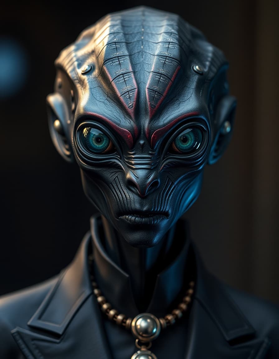Black alienAn alien diplomat with iridescent skin and three sets of eyes