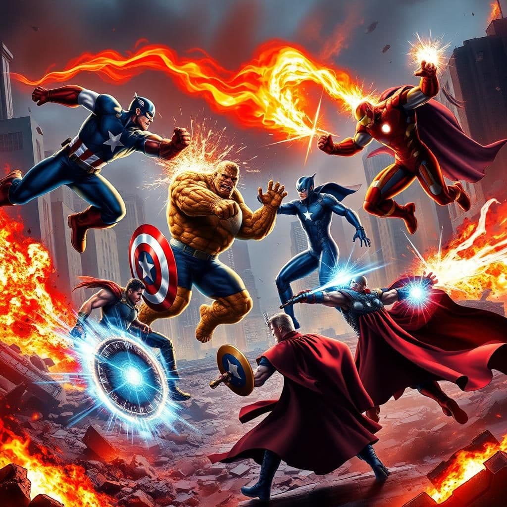 An epic battle scene between the Fantastic Four and the Avengers in a devastated cityscape, illuminated by fires and energy blasts. Captain America clashes with The Thing, their fists colliding with immense force. Mister Fantastic dodges Iron Man’s repulsor blasts, stretching his body around the attacks. The Human Torch races through the sky, leaving a fiery streak as he faces off against Thor, who swings Mjolnir. The Invisible Woman counters Doctor Strange’s spells with her force fields, both radiating energy as they try to overpower each other. The battle is chaotic yet balanced, with each hero’s abilities on full display, creating a visually stunning composition.