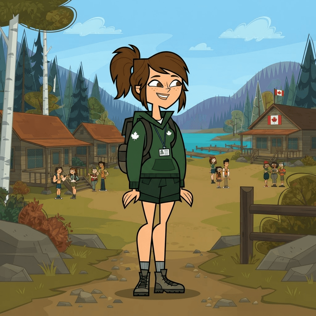 flat 2d cartoon teenage girl character, bold black outlines, green hoodie, summer camp, canadian animated reality show art style