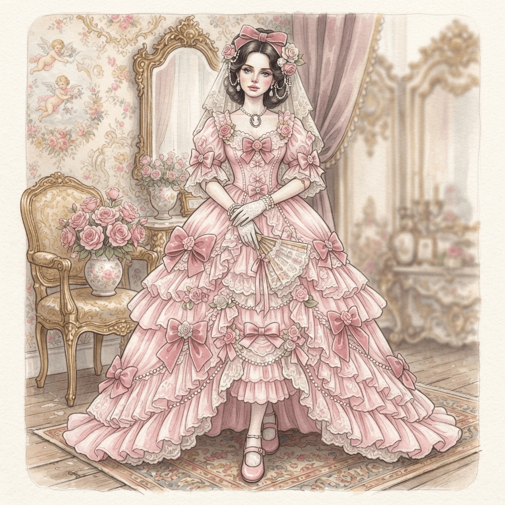 lana inspired doll fashion, soft pink ruffles and bows, porcelain doll styling, delicate pastel palette, full length gown look, fashion illustration, full body