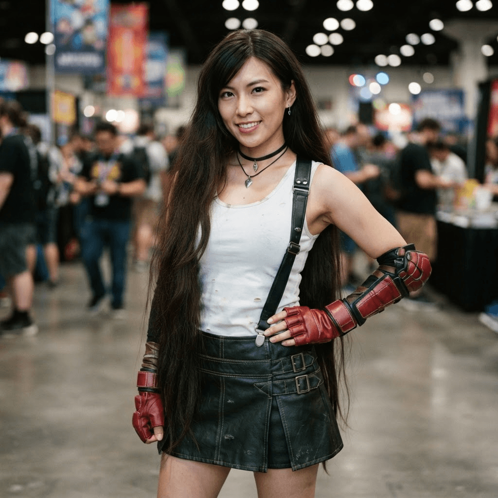 a fighter in a white tank top, black leather skirt, red gloves and suspenders with very long dark hair, cosplay portrait, waist up, detailed costume