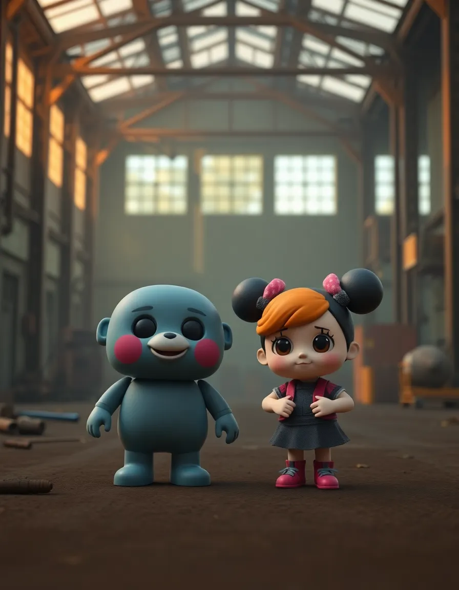 Poppy Playtime Chapter 5, official game style, realistic 3D model of Huggy Wuggy and Poppy doll, abandoned factory background with cinematic lighting, ultra detailed, 8k resolution, vertical wallpaper