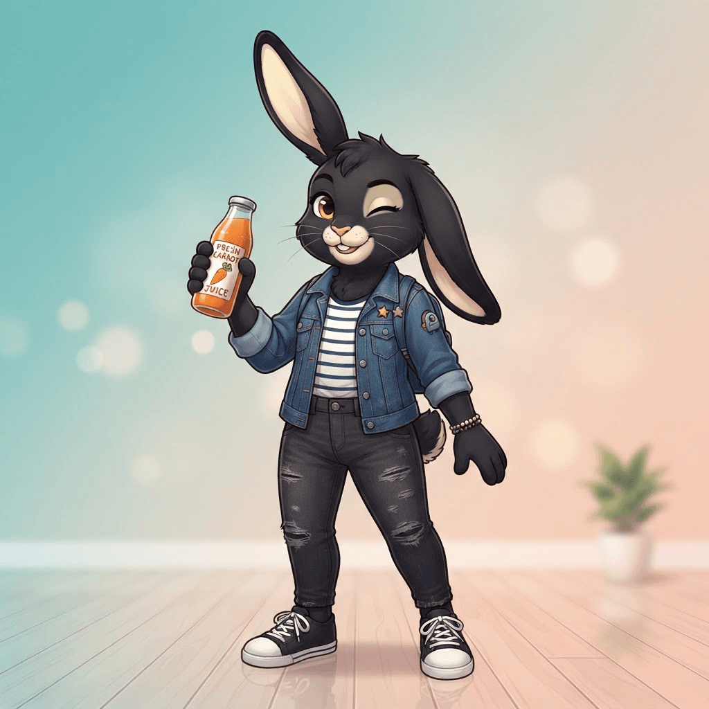 anthro black lop bunny fursona character, full body, playful wink, one ear up one ear down, wearing a denim jacket and striped shirt, holding a carrot juice, clean soft gradient studio background, vibrant, crisp high detail, digital illustration