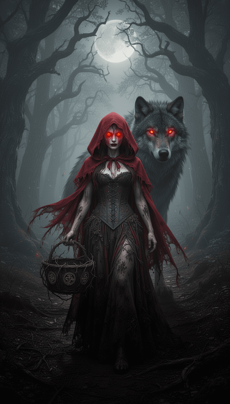 in a realm of dark fantasy and foreboding mystique, a powerful and hauntingly beautiful red riding hood emerges as a striking figure of grunge gothic mythology. the atmosphere is heavy with a sense of decaying elegance, of ancient secrets and long-forgotten lore, as if the very fabric of the forest is about to unravel, revealing hidden truths and forbidden knowledge. a mist-shrouded forest looms in the background, its ancient twisted trees, gnarled branches forming cathedral-like arches that pierce the sky like colossal skeletal fingers.

red riding hood stands resolute, a defiant presence on the winding forest path, her intense, glowing eyes blazing with an otherworldly light, like two fiery rubies embedded within her pale, haunted face, partially concealed beneath the tattered, blood-red hood of her cloak. the frayed edges and gothic lace of the hood seem to tremble with every gust of wind, as if alive and sentient. a flowing, intricate corset dress, covered in mud and forest debris, accentuates her lithe figure, while a dark wicker basket, wrapped in thorny vines and adorned with ancient, mystical symbols, hangs securely in her grasp, a testament to her unyielding determination.

a cinematic scene unfolds, akin to a film still captured with a dslr camera, where high-resolution texture and subtle imperfections characterize the skin tones and fabric textures of the scene. strong, deep shadows and high-contrast highlights evoke an atmosphere of dark romanticism, while a warm-cool duality in the lighting adds a dreamy, ethereal quality. soft focus and subtle 35mm grain emulate the feel of a classic film.

a majestic, shadowy wolf materializes behind her, its glowing ember eyes burning with an ancient, primeval intensity, like two smoldering coals that speak of mythic guardianship or unseen threats lurking just beyond the veil of perception. the wolf's presence seems to embody the very essence of the forest, a creature born of darkness and mystery, its power and savagery tempered by a deep, primal loyalty.

moonlight, in all its melancholic beauty, filters through the canopy above, casting deep grunge gothic shadows that stretch and writhe across the forest floor like living things. heavy, velvety darkness pools around every crevice, and high-contrast shadows dance across the trees, imbuing the scene with an aura of deep, cinematic lighting, of dark romanticism and mystery. every line, every curve, every detail is bathed in an ethereal glow, as if the very essence of the forest has been distilled into this single, haunting moment.

in the soft, pastel hues of a whimsical gothic pastel lut, muted lavender-teal midtones and warm sepia-amber shadows blend harmoniously with the subdued, melancholic tone of the atmosphere. this mystical world is a realm where the boundaries between reality and myth blur, and red riding hood's story serves as a testament to the enduring power of the human spirit, and the unyielding determination that lies at the heart of every hero, no matter how dark, or gothic the tale may be.