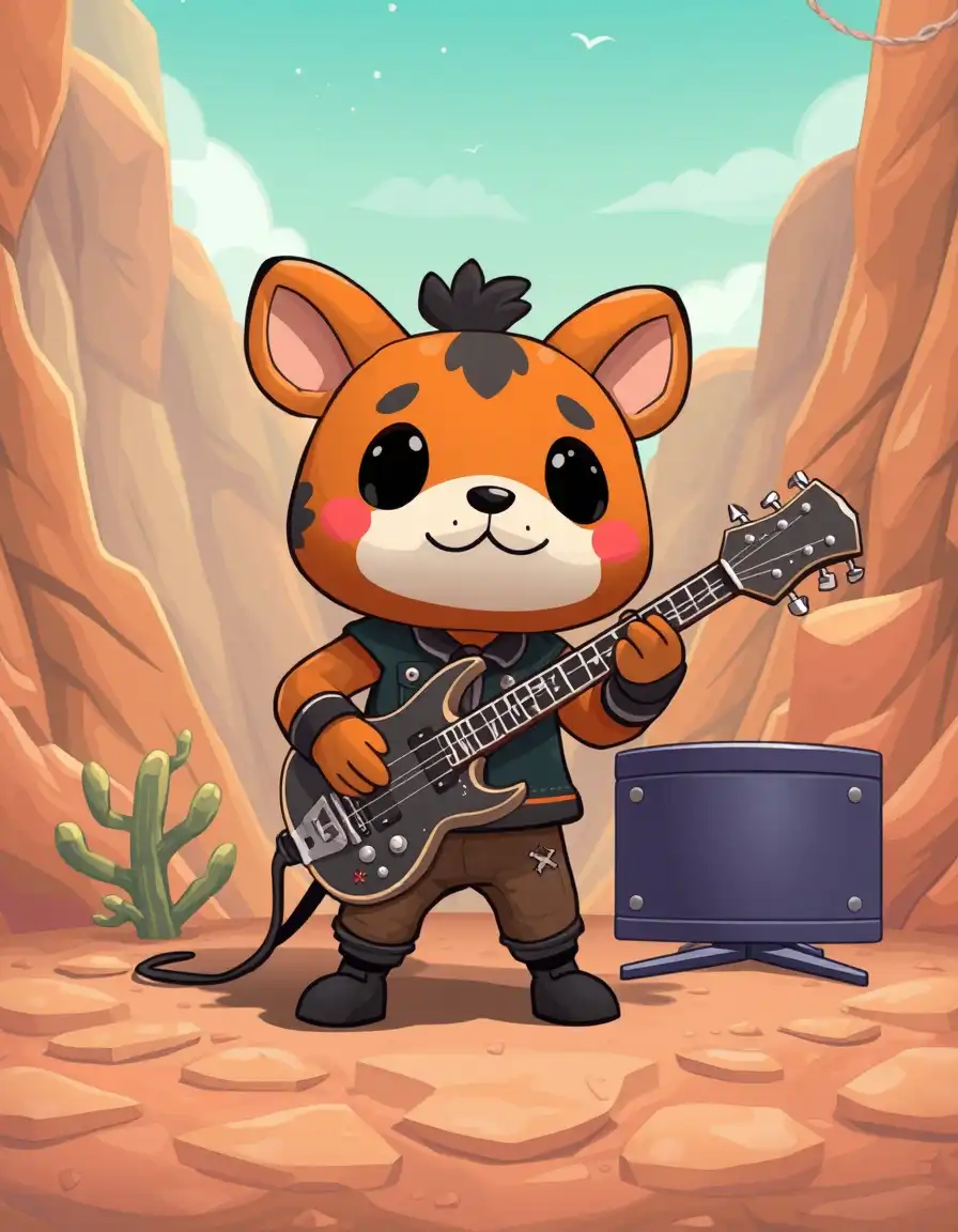 a cute animal crossing character playing as a heavy metal band

the stage setting should be "a desolate, rocky canyon"

the style must remain "cute"