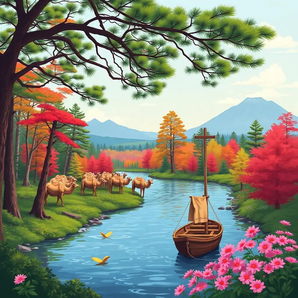 The summer scenery of Heilongjiang, China, is full of colors without any blank space, with a flat drawing style. In the dense forest, there are camel herds crossing the river through water, red pine trees, fish skin totems hanging on small boats on the water, and distant volcanic groups. The colors are colorful, and pink mountain flowers can be seen