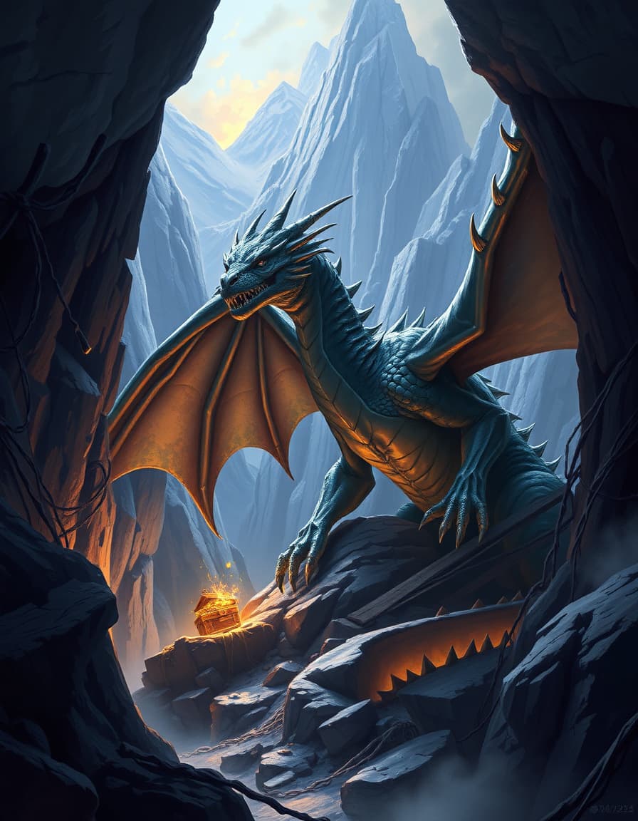 Fantasy Dragon in Mountain Lair: A majestic dragon perched in its mountain lair, hoarding treasure, dramatic lighting, and a sense of power and mystery.