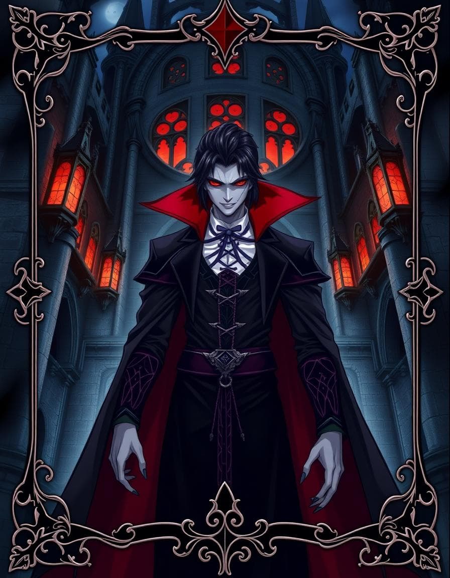 Anime trading card: A dark vampire lord with sharp fangs and crimson eyes, standing in a gothic castle