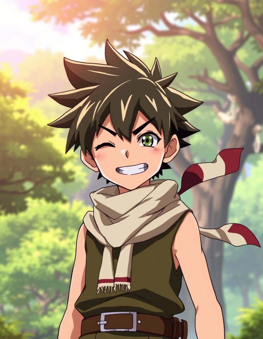 a young gon freecss from the hunter x hunter anime stands confidently in front of a lush forest, his eyes gleaming with determination as he flashes a mischievous grin, one eye slightly closed in a sly wink, his tongue playfully sticking out to one side, his iconic scarf fluttering behind him in the gentle breeze, set against a warm, sun-drenched backdrop reminiscent of the nen training grounds, rendered in a vibrant, dynamic style that captures the energy and excitement of the anime.