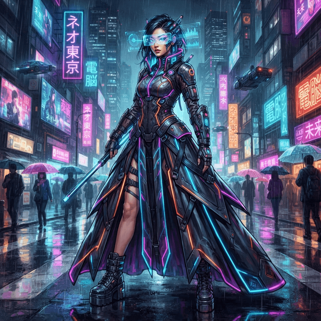 cyberpunk fashion, neon lit techwear, led trim, holographic visor, rain slick city palette, full length gown look, fashion illustration, full body