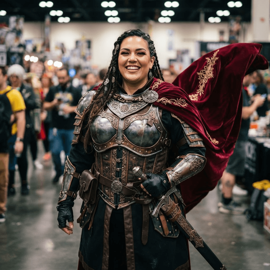 a confident plus size cosplayer in a bold fantasy costume with armor and a flowing cape, cosplay portrait, waist up, detailed costume