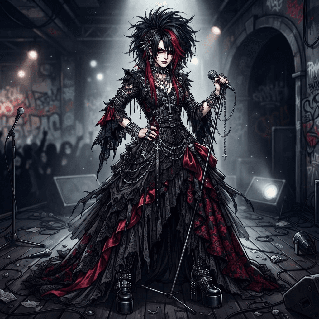 visual kei fashion, dramatic black and red layers, spiked hair, heavy silver jewelry, gothic punk, full length gown look, fashion illustration, full body