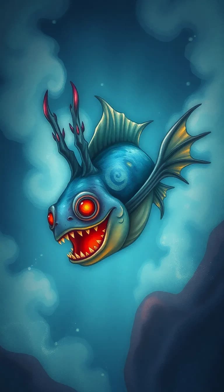 A mysterious underwater creature with half-transparent smoky body, half fish with fins, glowing red eyes, surrounded by deep sea darkness, eerie glowing light from its mouth — Islamic jinn-inspired sea monster, fantasy horror art Image Style: pastel hues, paper texture, dreamy mood, soft watercolor wash, soft lighting, colorful palette, hand-drawn animation, detailed backgrounds