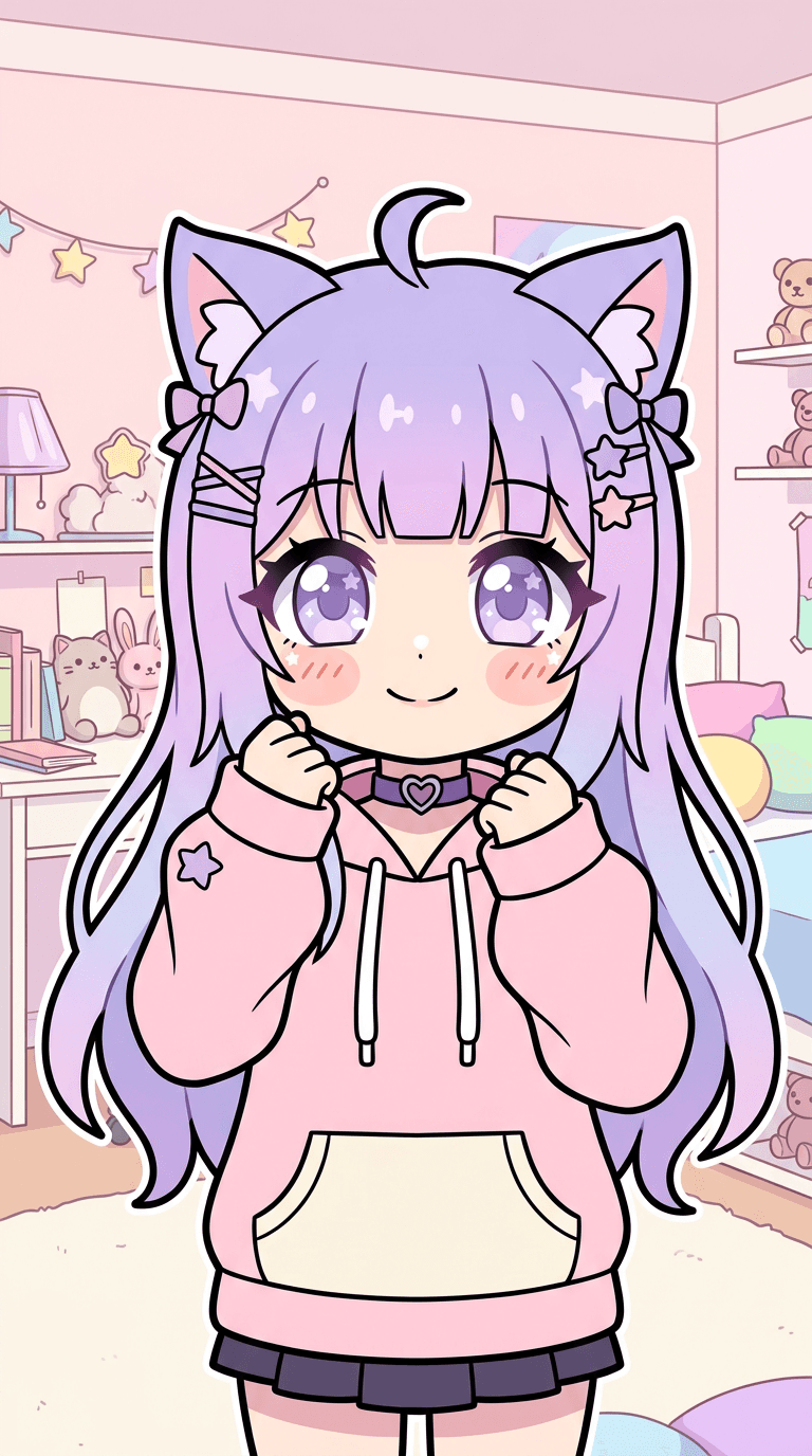 Original character in the Gacha Club art style: a chibi girl with big sparkly eyes, lavender ombre hair with cat ears, oversized hoodie and choker, thick clean outlines, flat colours, cute pastel bedroom background. Portrait framing from the waist up, face in the upper third of the frame, one character only. No text, no logo, no watermark.