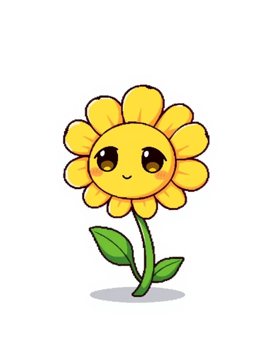 A Flowey from Undertale, yellow flower petals, cute expressive eyes, two green leaves growing on its stem, waving its little face towards the viewer, cartoon style, Undertale pixel art aesthetic, soft lighting, clean illustration, high detail
