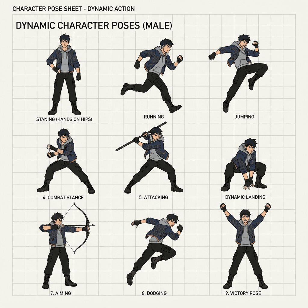 a clean character pose base sheet with several dynamic poses, flat colors, drawing base style, different color scheme