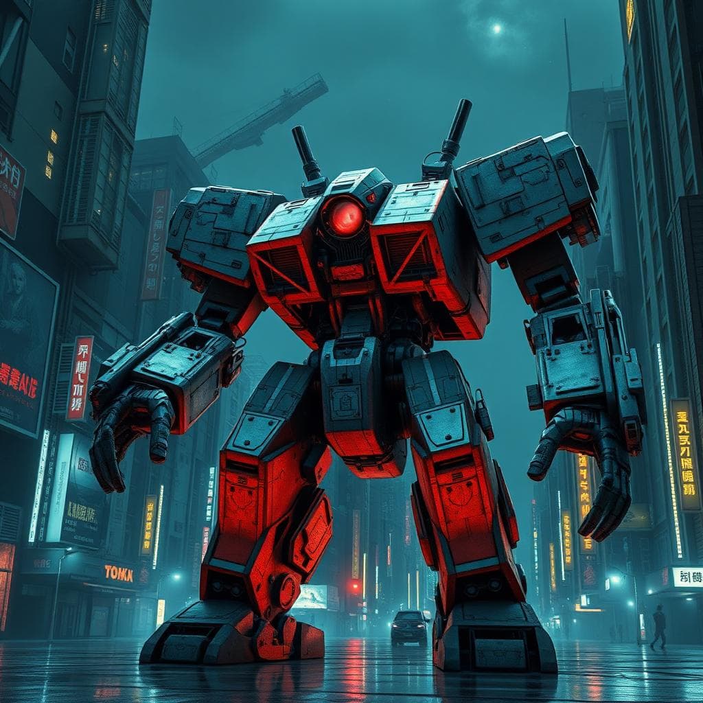 an empty and open giant Mech suit broken, brick shape, sci-fi Noir post-futuristic, wharehouse, neo-Tokyo, night time, neon lights, cityscape, isaac Asimov book cover, style of Michel Whelan and Masamune Shirowm, high quality, premium, matt, aesthetic,
