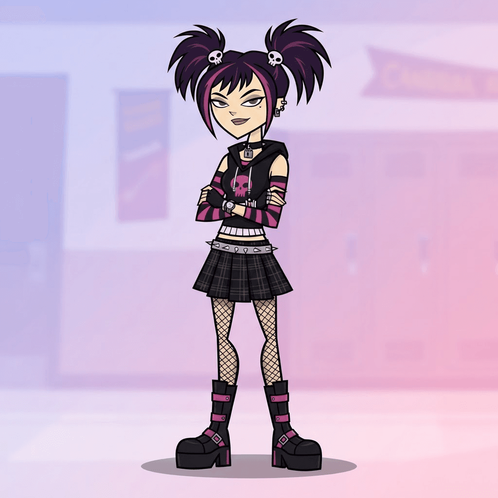flat 2d cartoon teenage girl character with dark purple pigtails, goth style outfit, canadian animated reality show art style
