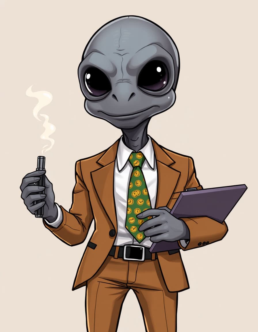 Quasar from Dungeon Crawler Carl, shown as a short Nullian gray alien attorney, about 4.5 feet tall, with smooth gray skin, an oversized bulbous head, huge glossy black eyes, long thin fingers, and a slick, slightly smug lawyer expression. He wears a somewhat cheap-looking tan business suit with a white shirt and a ridiculous animated novelty tie, like a tiny hula dancer or another absurd Earth-themed design. One hand holds a small vape pen with a curling cloud of smoke around his head, and the other holds a tablet or legal folder. His posture should feel fast-talking, theatrical, stressed, and hyper-competent at the same time, like a sleazy New York lawyer who somehow became essential to surviving an alien death game. Slightly messy suit, expressive body language, polished animated-cartoon / cel-shaded illustration style, clean linework, dark comedy sci-fi vibe, no text, vertical 9:16.