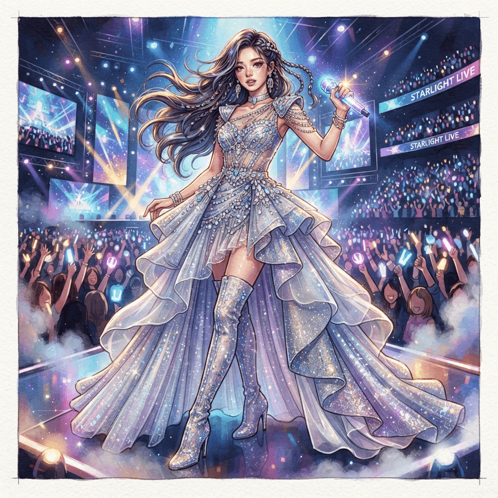 idol stage fashion, kpop performance outfit, sparkling stage costume, full length gown look, fashion illustration, full body