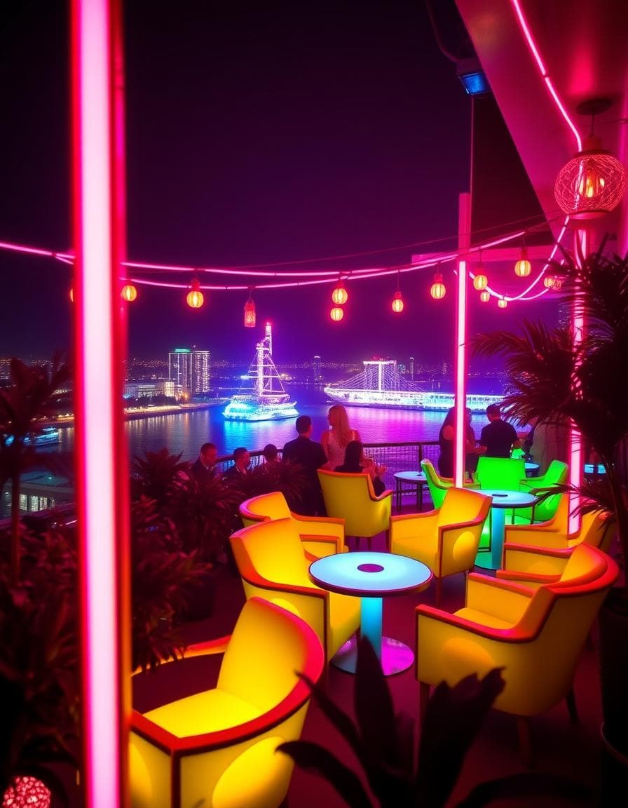 vibrant hot pink and lime green neon lights flash around the penthouse party. inside, electric blue and sunny yellow chairs glow brightly. outside, dark trees surround the lively scene. neon lights dance on the water, creating a dazzling display. the secret club is filled with excitement and energy, under the bright, sparkling lights.