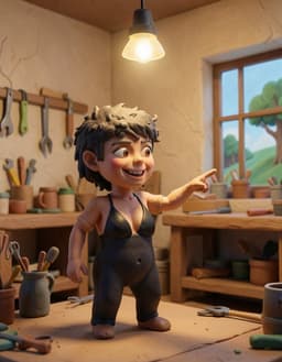 in a whimsical claymation workshop lit by a single hanging bulb, geteer stands alone, a clay-crafted figure with a playful grin, pointing excitedly toward an unseen outside world; the scene radiates a soft, textured charm, with light catching on the matte clay surface and casting gentle shadows, while the bulb’s warm glow emphasizes the handcrafted detail of geteer’s expression and pose.