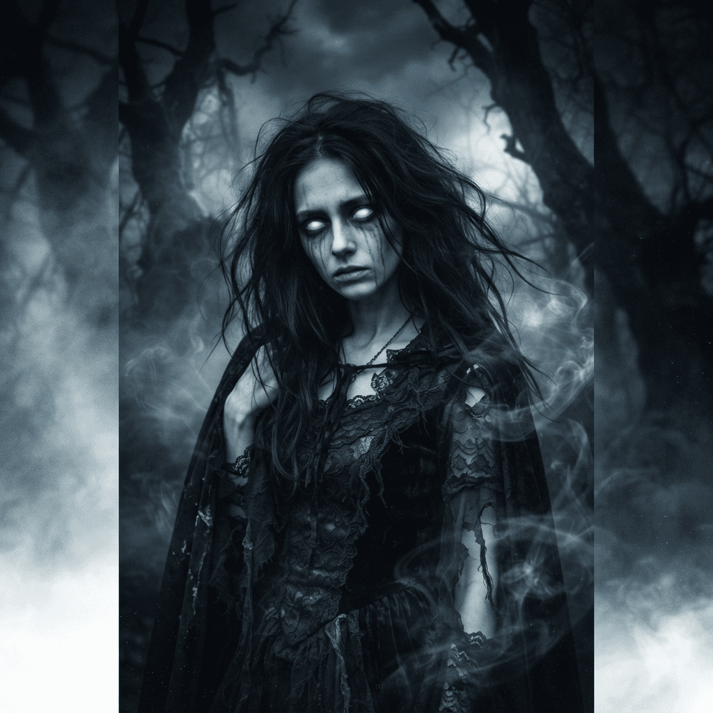 Creepypasta style OC, pale girl with long black hair and black tear streaks, glowing white eyes, eerie portrait, no gore, dark atmosphere