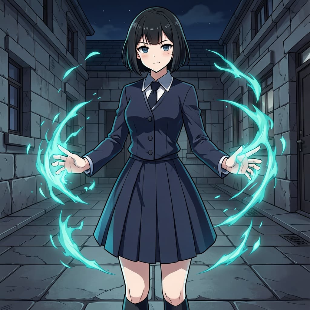 female teen sorcerer, full body, dark navy high collar school uniform with a pleated skirt, swirling teal cursed energy around her hands, short black bob hair, sharp eyes, night school courtyard with stone walls