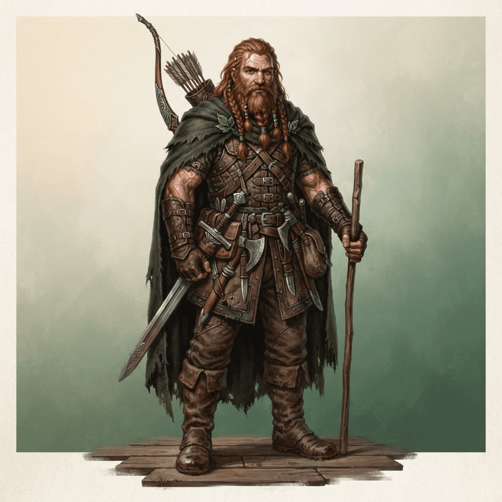 original fantasy male character design, full body, rugged bearded ranger with braided auburn hair, weathered green cloak over leather armor, longbow on back, painterly fantasy illustration style