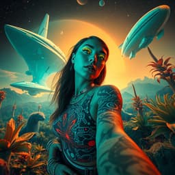 futuristic confident mesmerizing woman in street clothes with glowing art tattoos and circuit motifs, standing at the far left of a massive sleek spaceship and a floating dirigible, surrounded by oversized animals and towering plants in a maximalist op‑art palette; pov shot from her eyes, head‑level perspective with slight motion blur, occluding forearm and handheld device, broad depth of field, subtle chromatic aberration and micro‑jitters, neon‑steel lighting and cool steel tones accentuating texture and graphic abstraction.