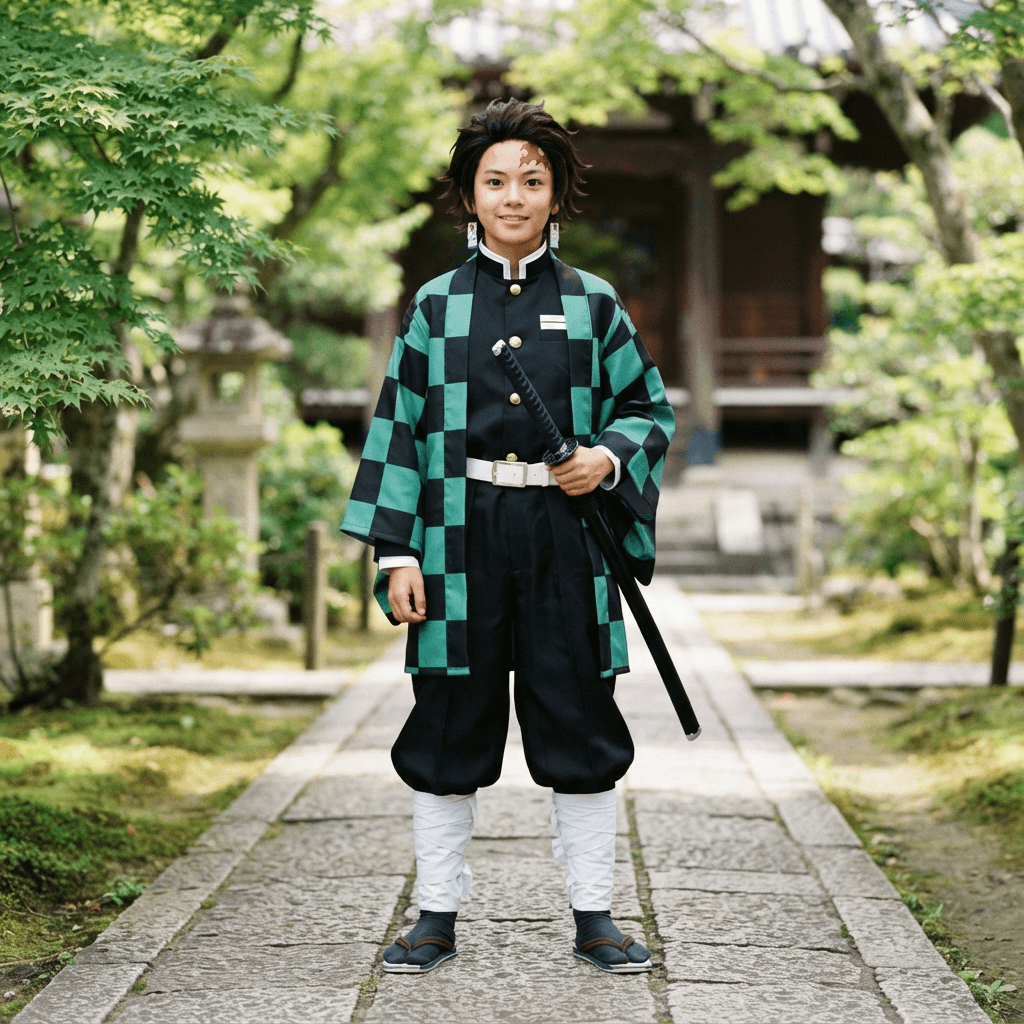 a boy with a scar on his forehead, hanafuda earrings, a black uniform and a green checkered haori, cosplay reference, full body, standing portrait