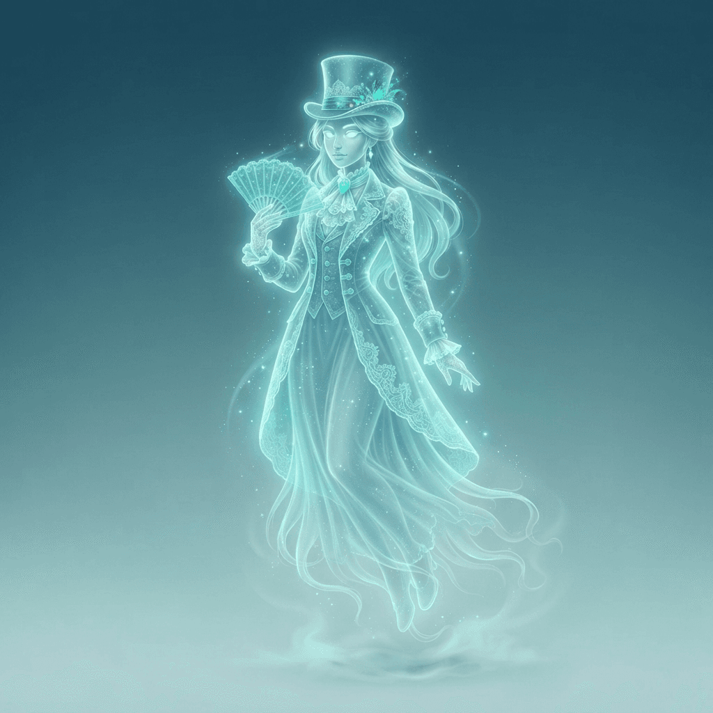 an elegant translucent teal ghost character in a victorian coat and top hat, faintly glowing, floating, full body original character design, clean soft gradient studio background, vibrant, crisp high detail, digital illustration, no text, no words, no watermark