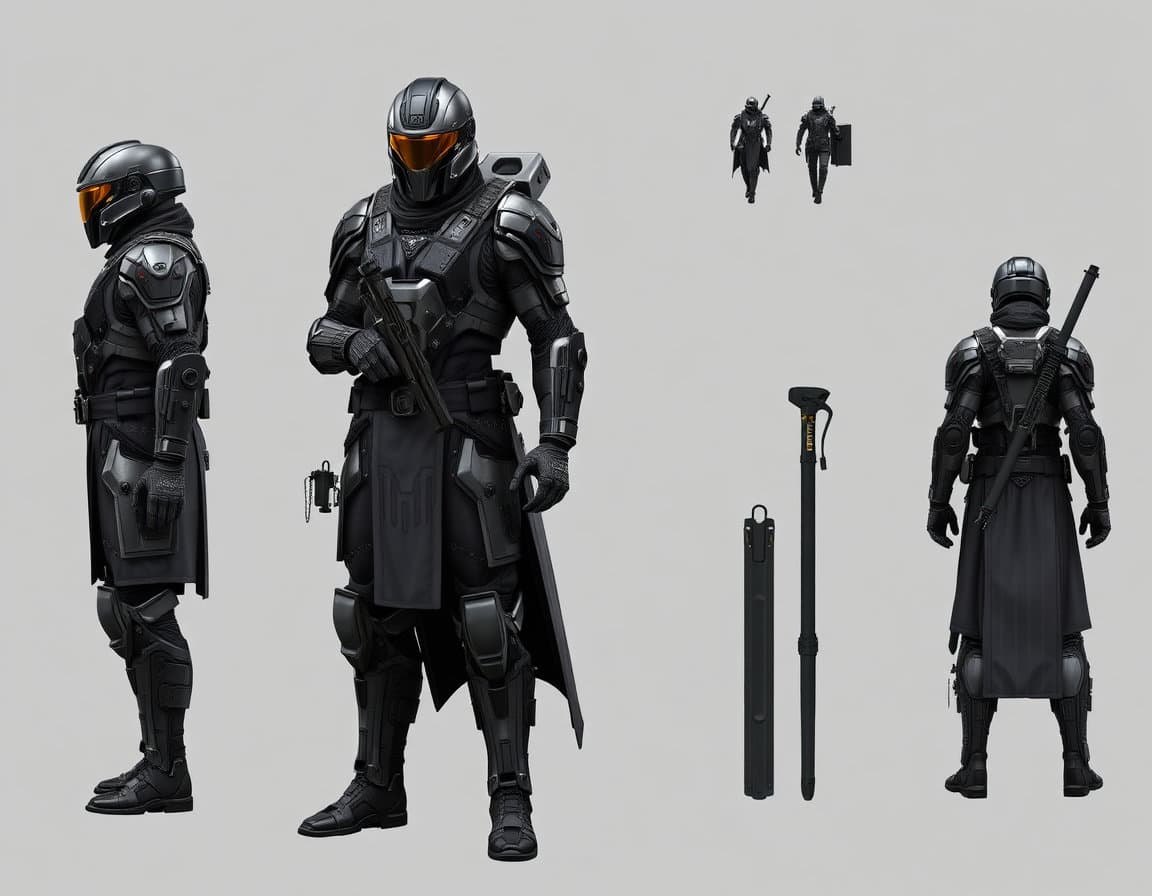 Futuristic sci-fi soldier with full armor. Photo realistic style. Model sheet with front, back and side view of the model. Fantasy sci-fi ninja