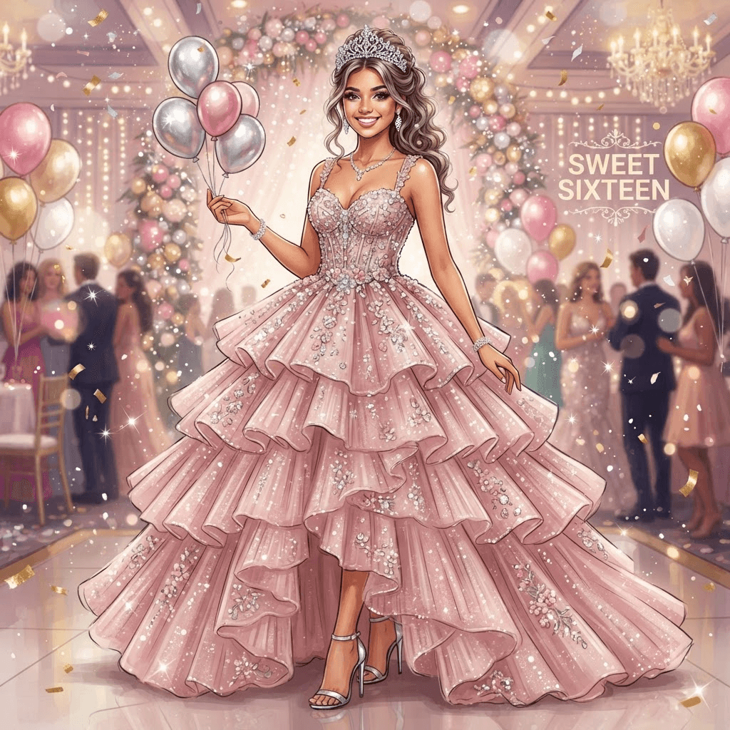 sweet sixteen fashion, tiered party dress, tiara, celebratory sparkle, full length gown look, fashion illustration, full body