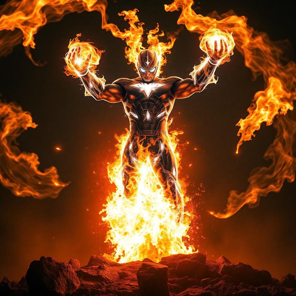 A superhero with elemental powers, surrounded by swirling fire, as they rise from the ground in a dramatic cinematic pose, ready to defend their world."