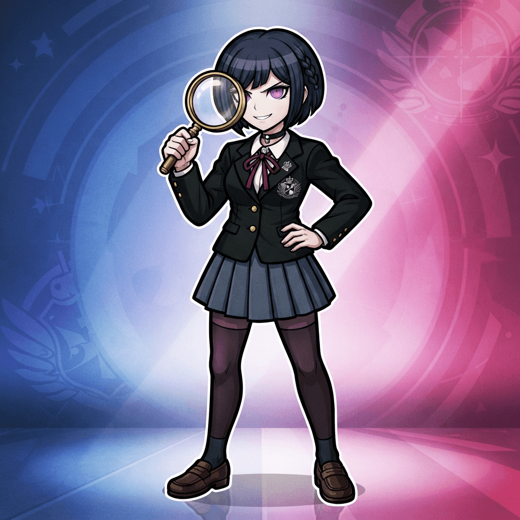original Danganronpa style anime student, the Ultimate Detective, girl with dark bob and school blazer, bold flat colors, digital illustration