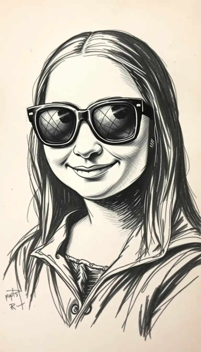a detailed portrait ,rough charcoal sketch on old paper, of a smiling minion as the mona lisa, wearing sleek black sunglasses with silver frames, clean line art:: expressive line,in the style of expressive sketch drawing, hatching, color sketch, hand drawing, sketching, linear style:, in the style of rolf armstrong, frank frazetta, jeremy mann, carne griffiths, robert oxley, illustration, painting, architecture, dark fantasy, with intricate shading and subtle texture, capturing the softness of worn leather, emphasizing the minion's sly grin.